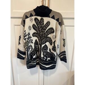 Vintage Organic Grown Monkey Palm Intarsia Knit Sweater Small Cream boho fairy